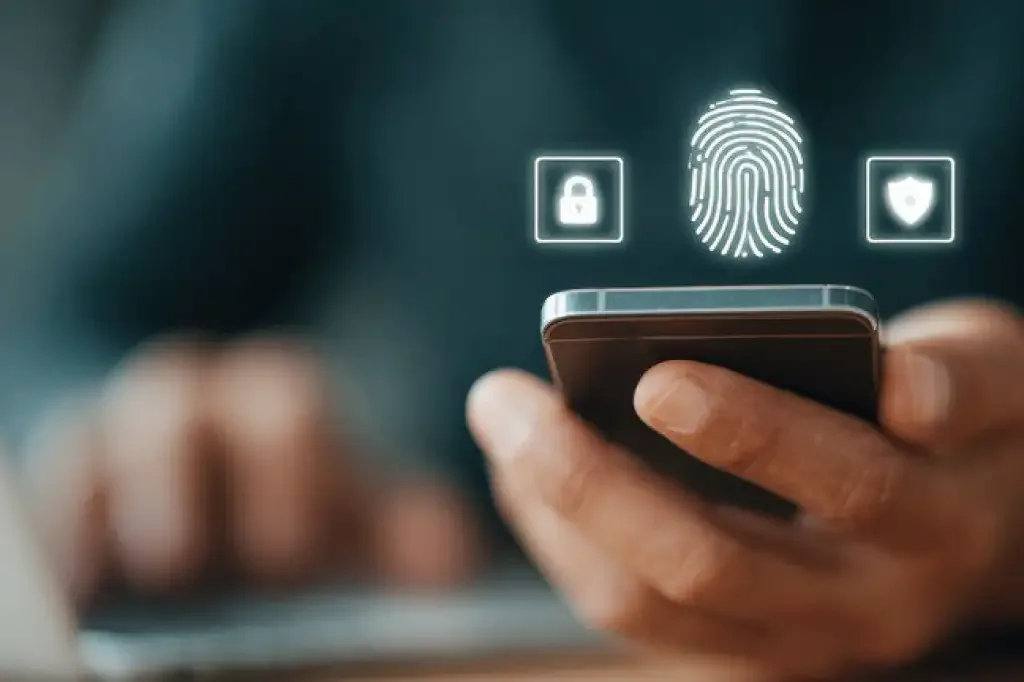 mão segurando smartphone e um desenho de uma digital acima do telefone