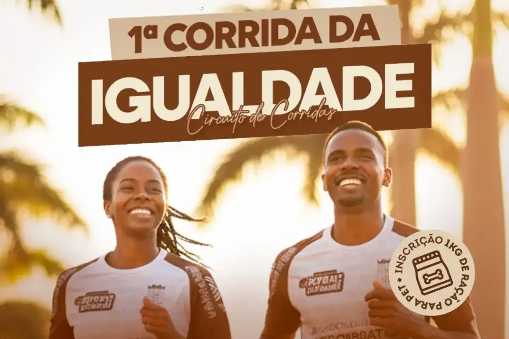 uma mulher e um homem correndo e uma frases encima deles dizendo 1º corrida da igualdade