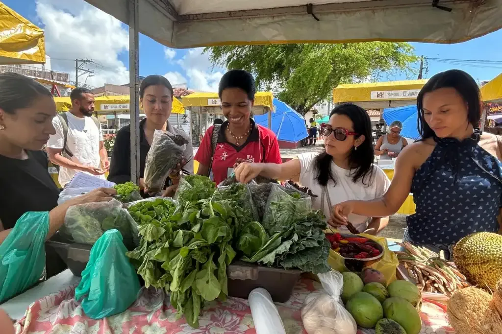 Três mulheres olhando verduras em uma bancada de feira.