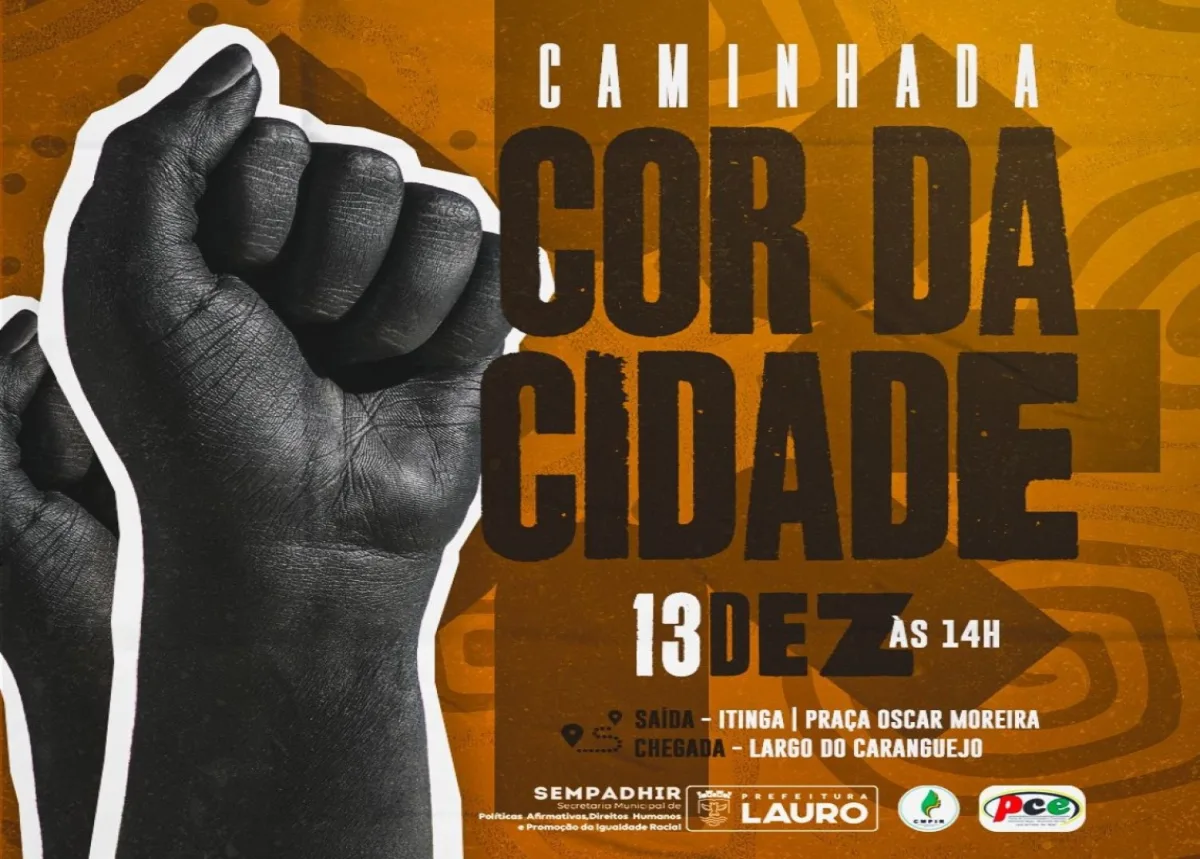 Banner com mã0 fechada e texto: Caminhada Cor da Cidade