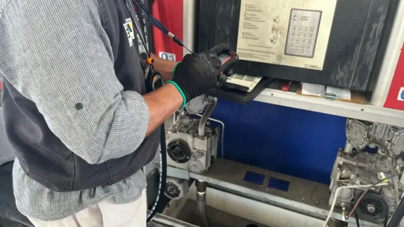 Homem olhando a bomba de combustível