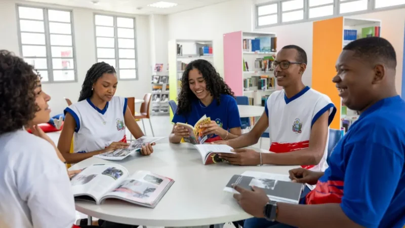 Estudantes reunidos em uma mesa lendo livros