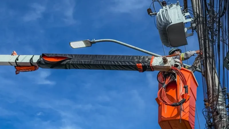 trabahador fazendo instalação de lâmpadas em postes