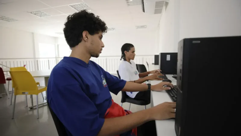Doisestudantes do Estadual usando computador
